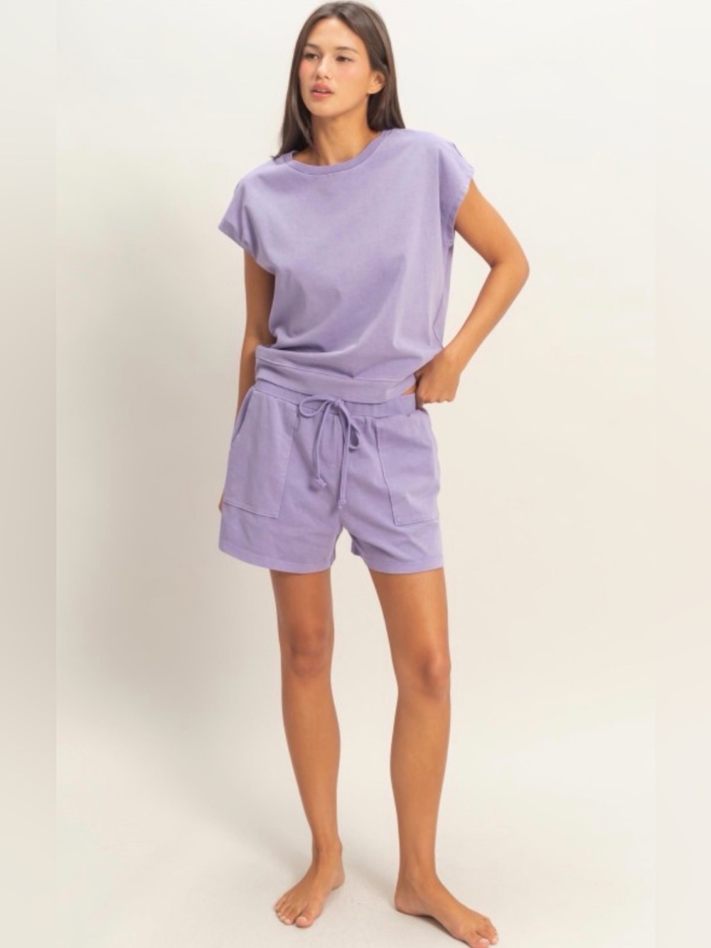 279 Double Zero Lavender Short Sleeve Top & Drawstring Shorts Set